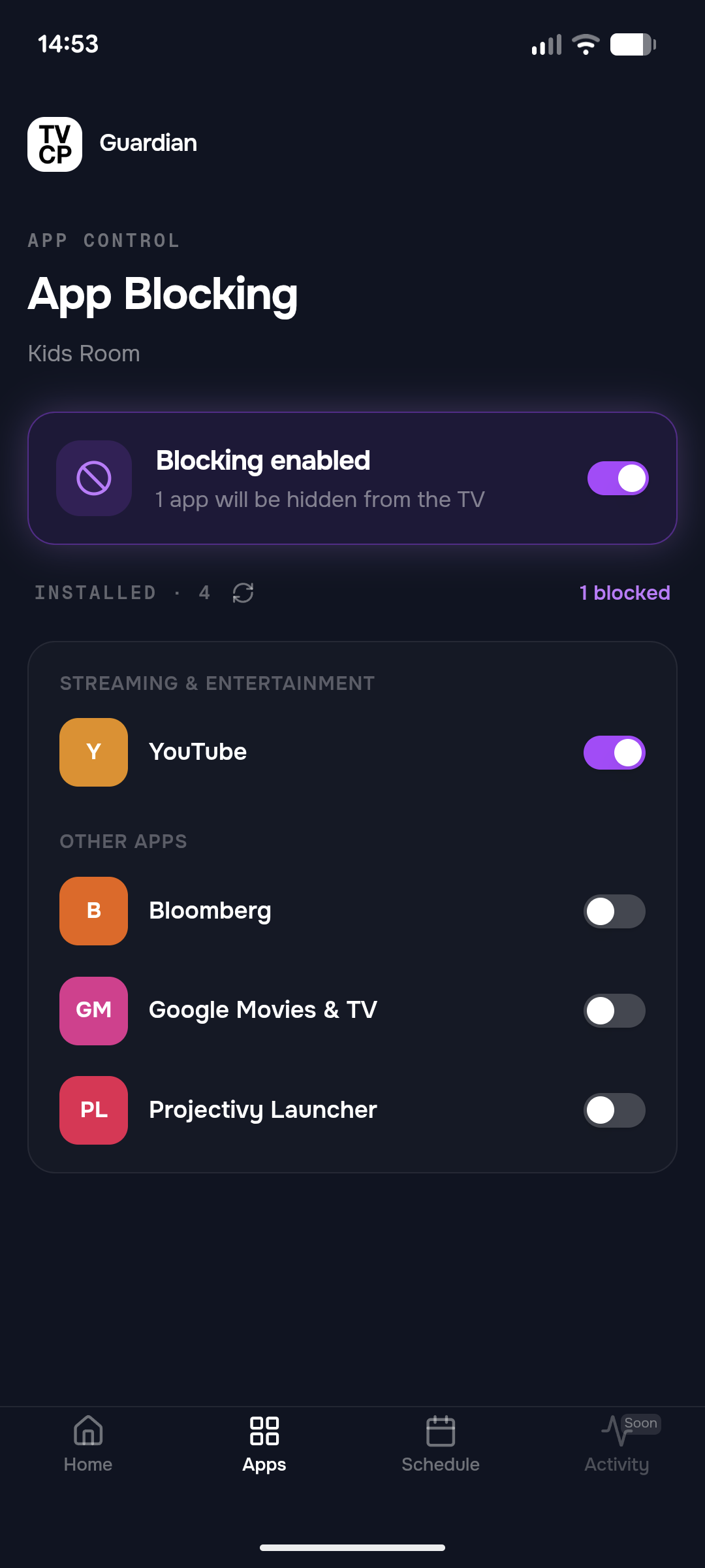 Die Liste der App-Sperre in der Guardian-App, YouTube ist gesperrt