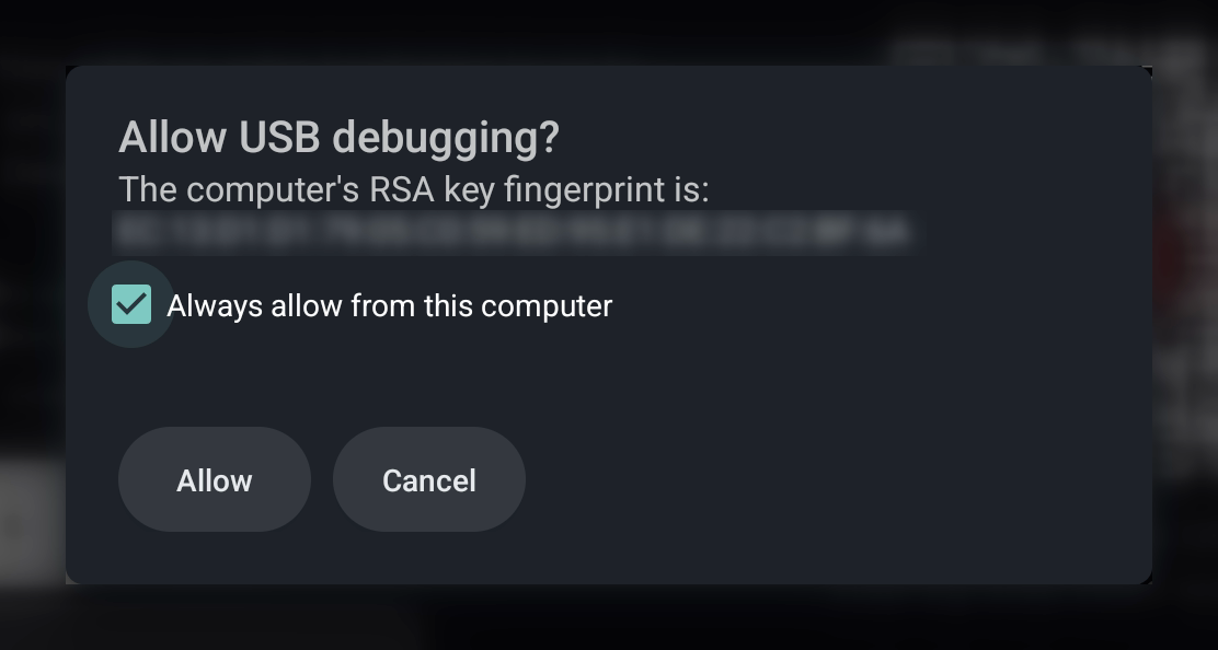 The TV asking to allow debugging, with Always allow ticked
