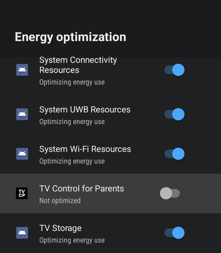 „Energieoptimierung“ in den Einstellungen des TVs, TV-Kontrolle für Eltern ist nicht optimiert