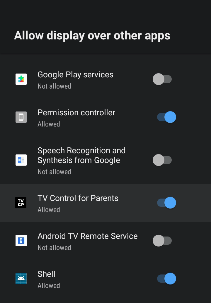 „Über anderen Apps anzeigen“, TV-Kontrolle für Eltern ist eingeschaltet