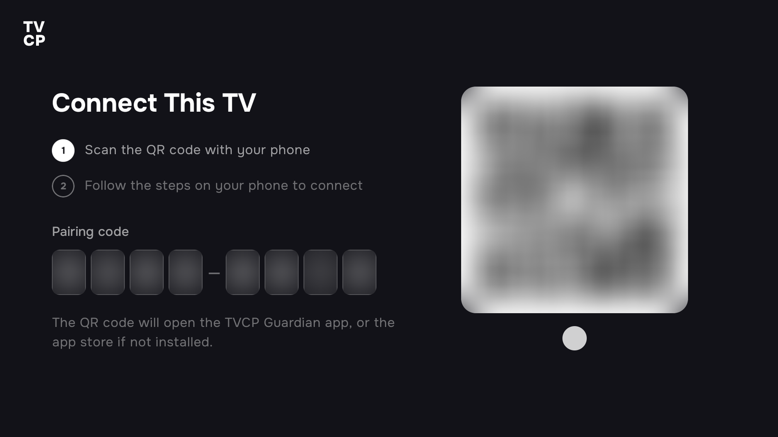 The Connect This TV screen on the TV, with the QR code and pairing code